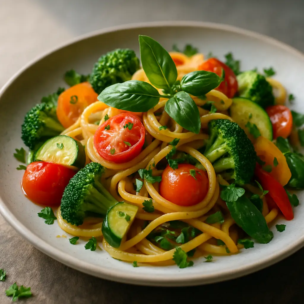 A delicious plate of pasta highlighting the textures and colors