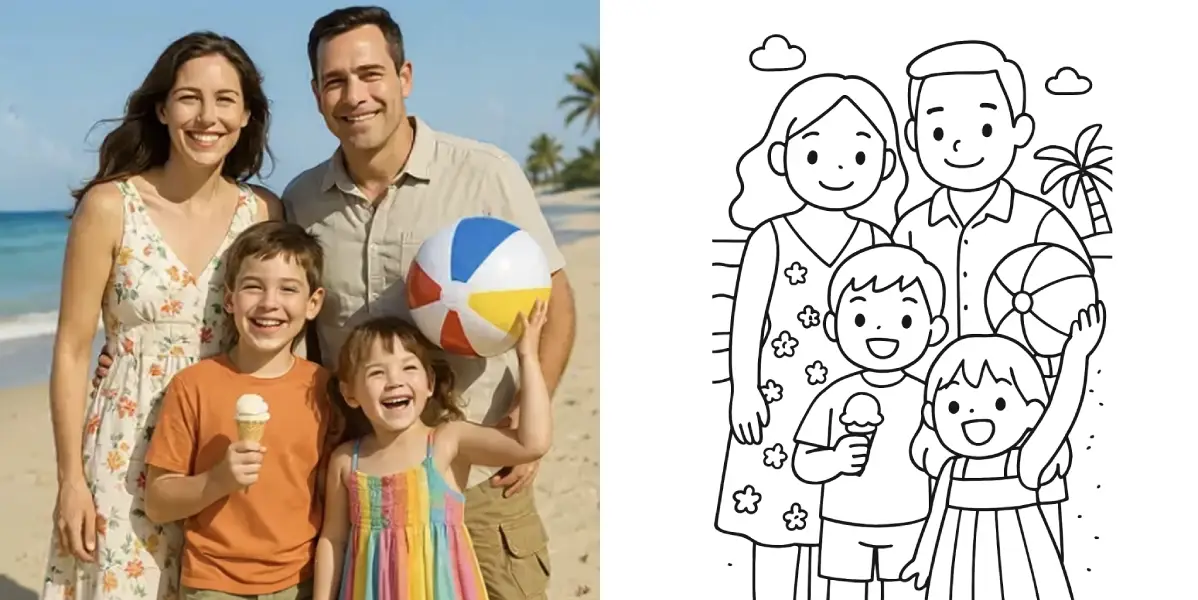 Family photo side-by-side with its transformation into a cozy pastel cartoon illustration in the Bobbie Goods style.