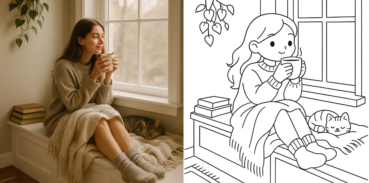 Side-by-side of a woman on a cozy window seat with tea and a cat, and the same scene transformed into a pastel cartoon style.