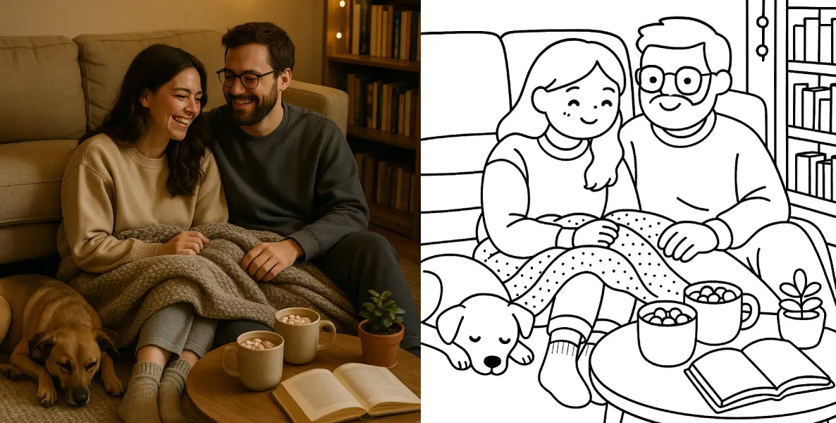 Couple sitting on the floor with a dog and cocoa, in a cozy, softly lit living room.
